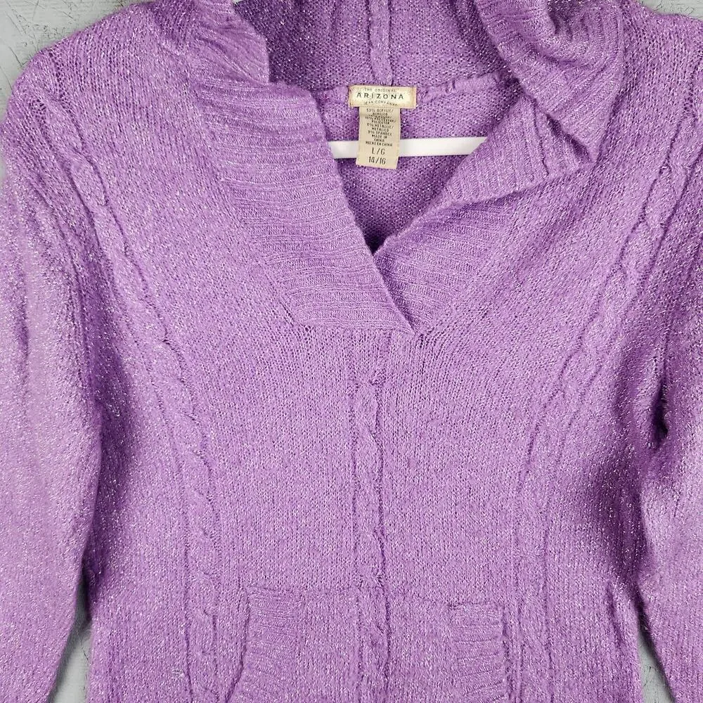 Vintage Arizona Jean Company Sweater Girls 14-16 Purple Hooded Sparkle Knit